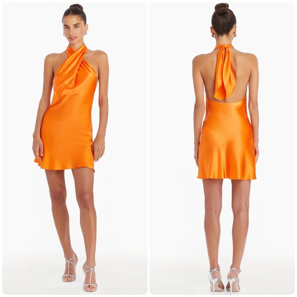 New! Revolve x Amanda Uprichard Silk Jade Halter Mini Dress Fire Orange❤️‍🔥M NWT - Picture 1 of 12